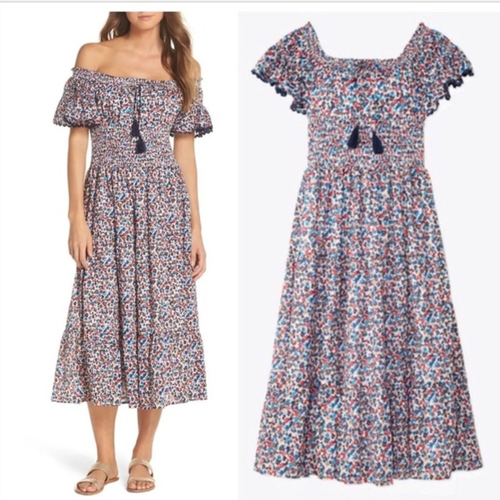 TORY BURCH Prairie Floral Peasant Midi off the Shoulder Dress